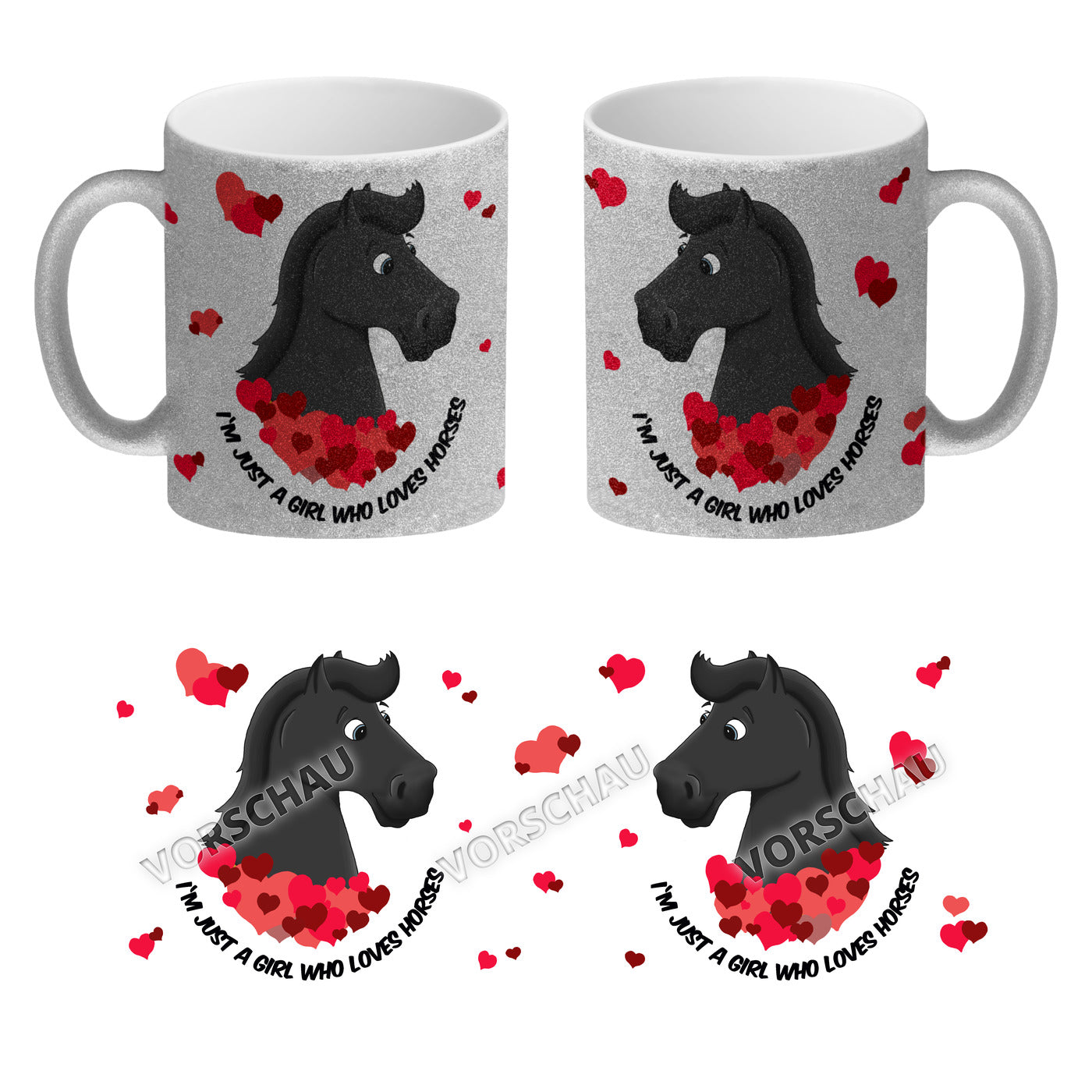 I'm just a girl who loves horses Glitzer-Glitzer-Kaffeebecher mit schwarzes Pferd Motiv