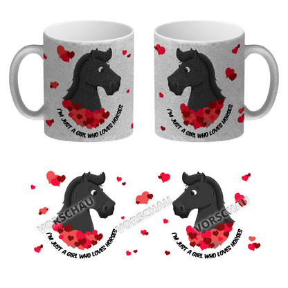 I'm just a girl who loves horses Glitzer-Glitzer-Kaffeebecher mit schwarzes Pferd Motiv