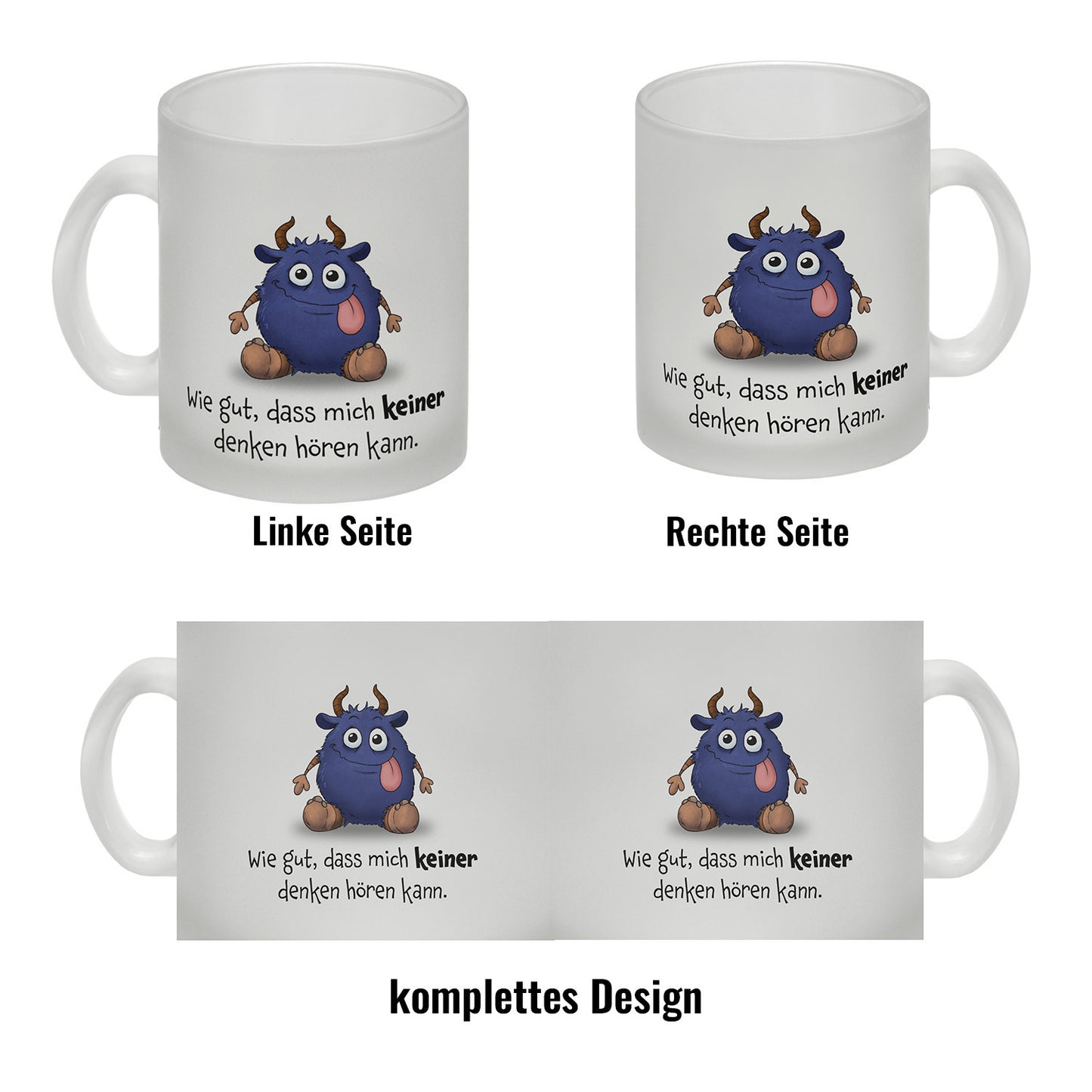 Freches Monster in dunkelblau Glas Tasse mit lustigem Spruch