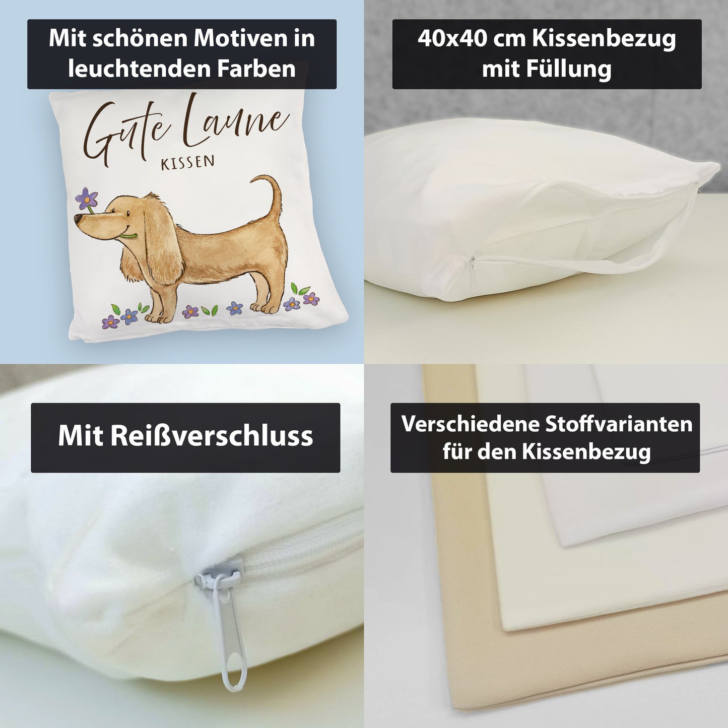 Dackel mit Blume Kuschelkissen mit Spruch Gute Laune Kuschelkissen