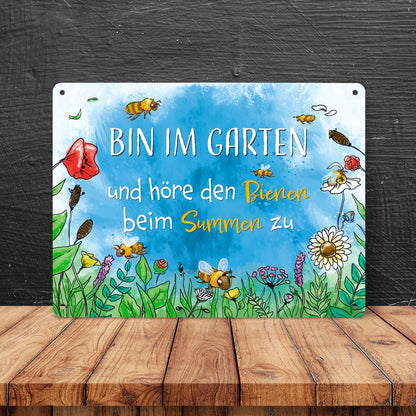 Bin im Garten Metallschild XL in 21x28 cm mit Blumenwiese und Bienen