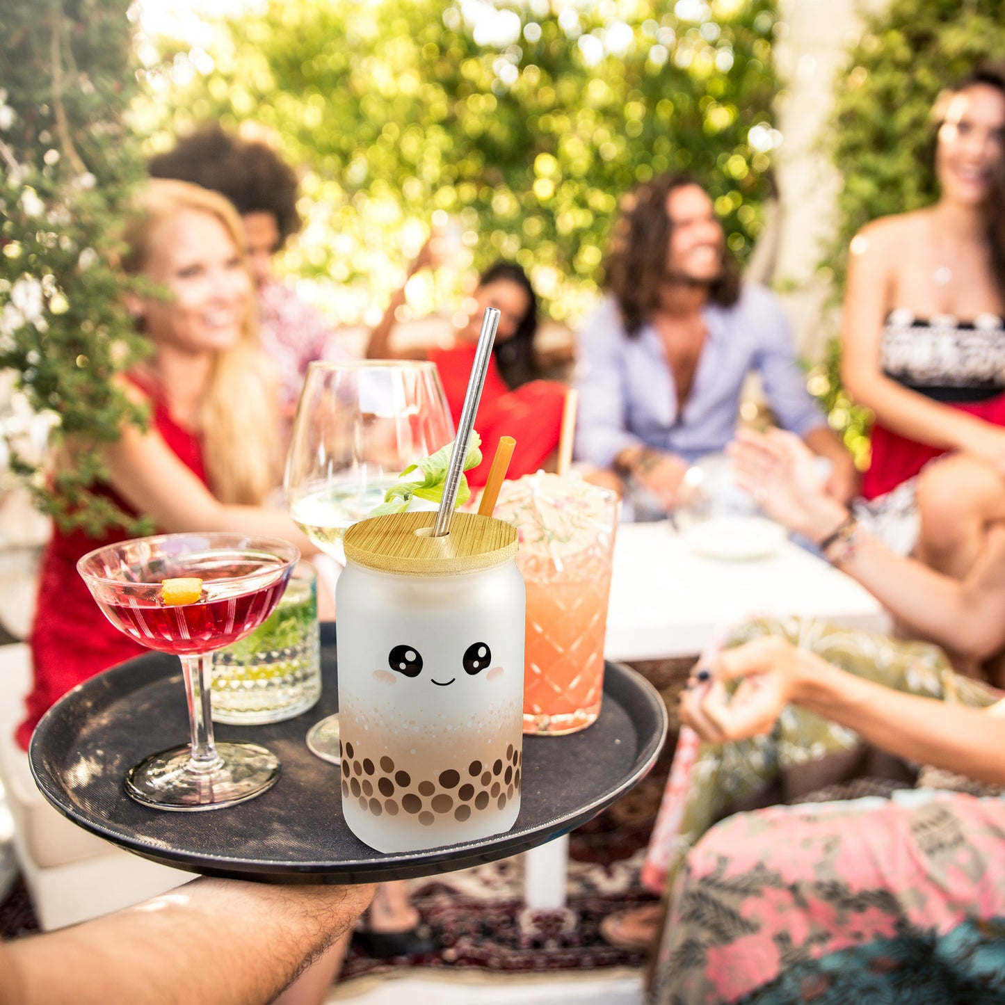 Bubble Tea Trinkglas mit Bambusdeckel in orange