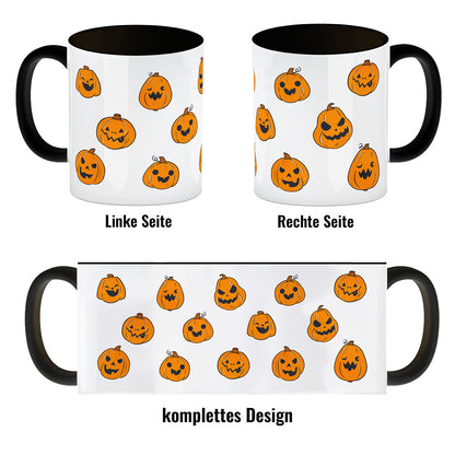 Kaffeebecher Schwarz im Halloween Design - mit vielen lustigen geschnitzten Kürbisköpfen