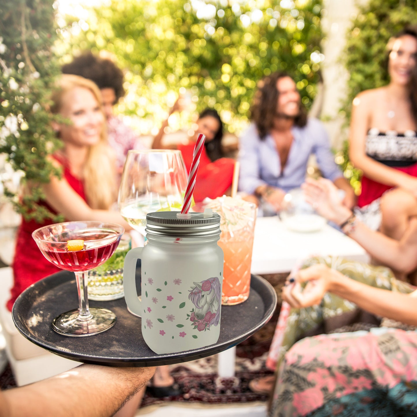 Pferd mit Blumen Mason Jar Henkel Trinkglas mit Deckel