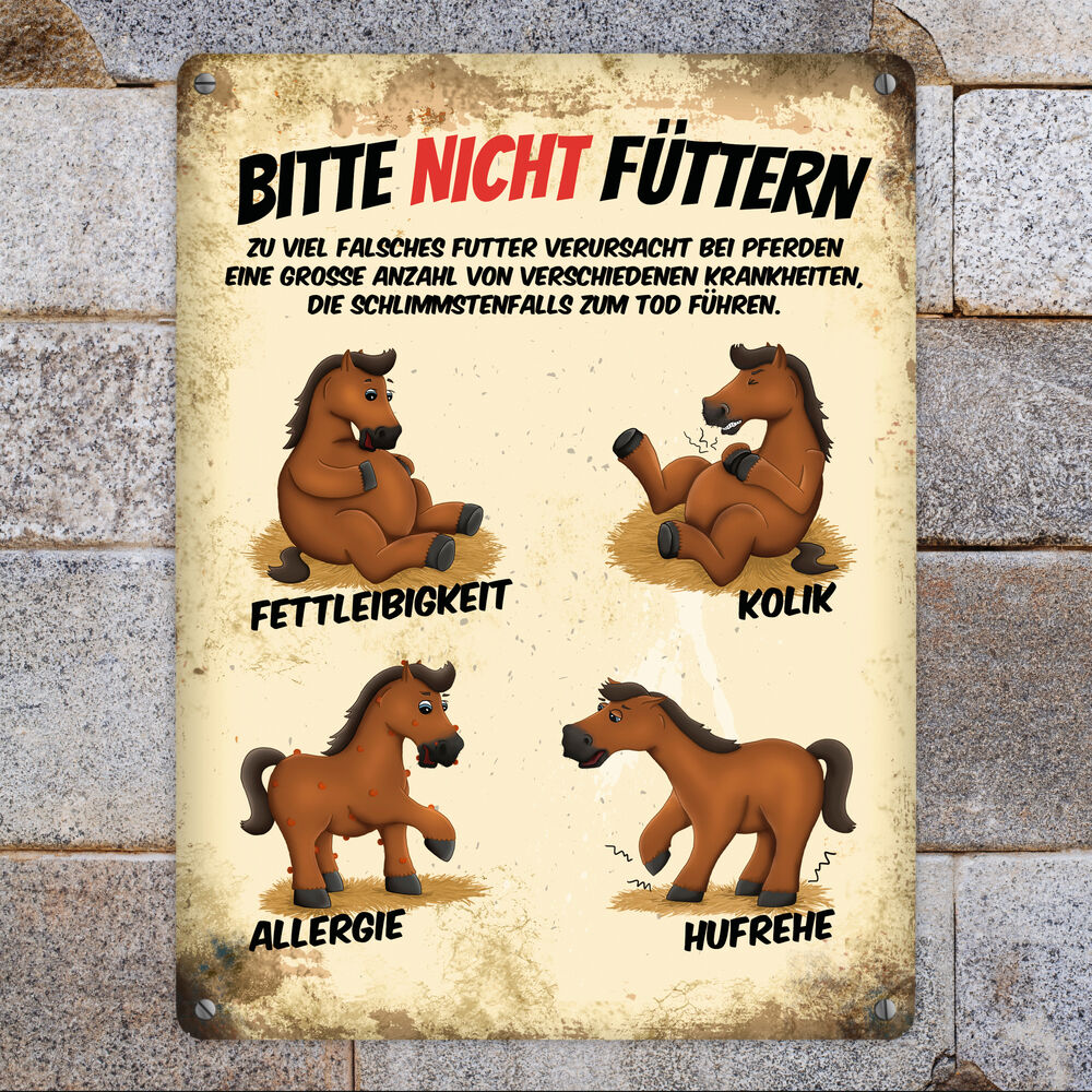 Metallschild XL mit Pferde Motiv und Spruch: Bitte nicht füttern