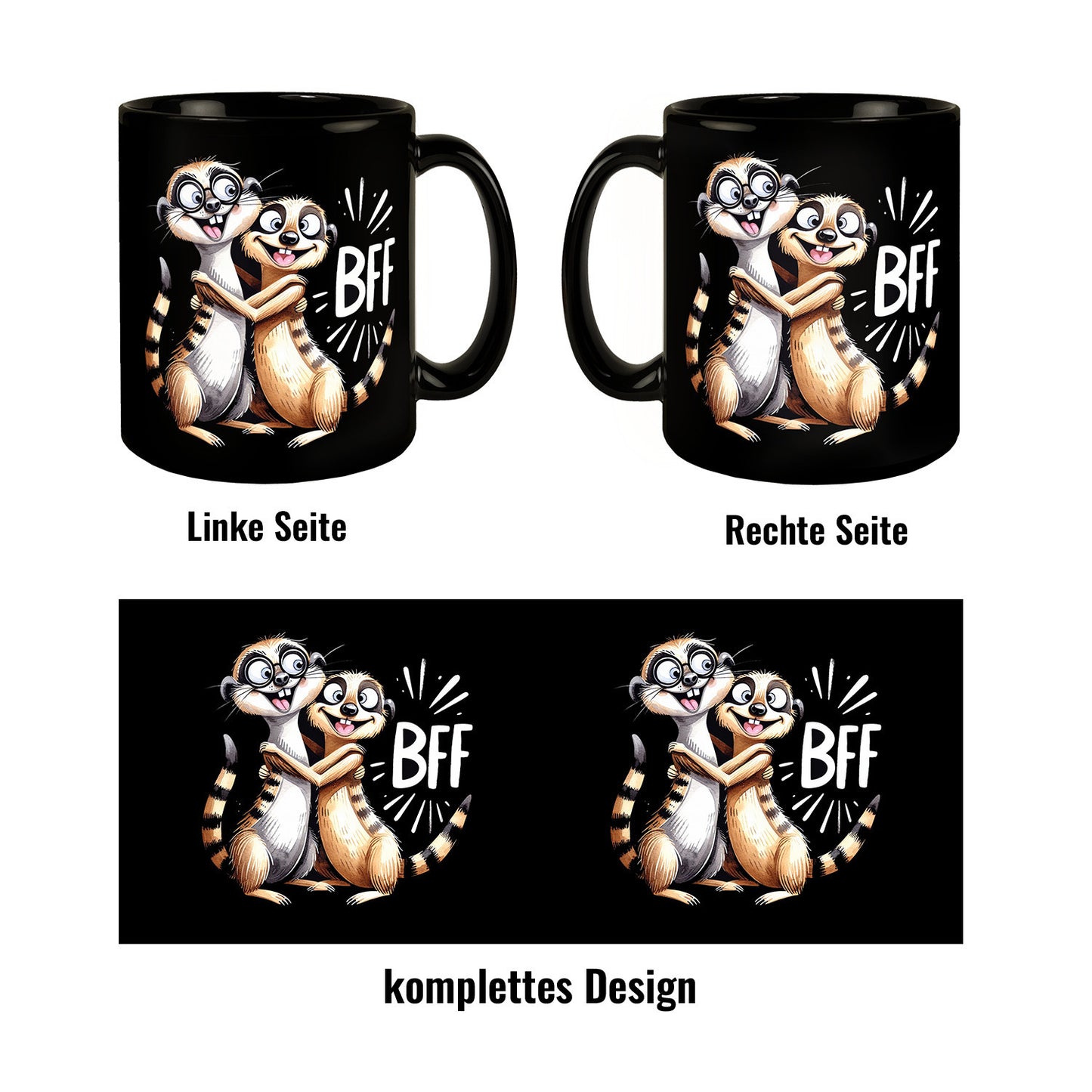 Verrückte Erdmännchen Freundschaft Tasse in Schwarz mit Spruch BFF - Best friends forever