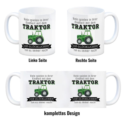 Traktor Kaffeebecher mit Spruch Kindheitsträume - Für immer Traktor fahren