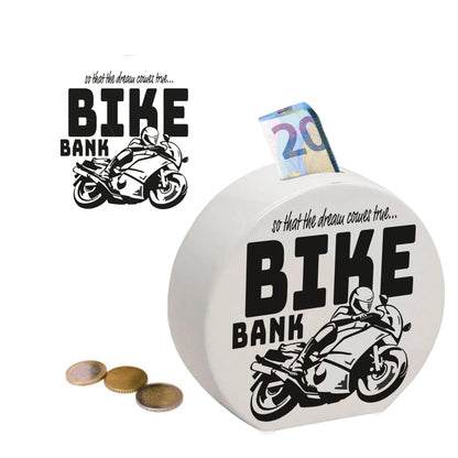 Bike Bank Spardose in schwarz zum Thema Motorradkauf und Motorrad fahren