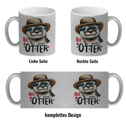 Otter mit Sonnenbrille und Strohhut Glitzer-Kaffeebecher mit Spruch Hot Hotter Otter