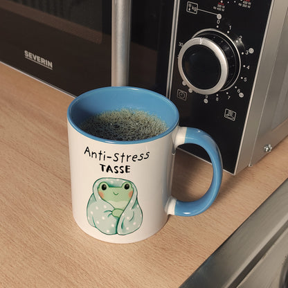 Frosch in blauer Decke mit Spruch Anti-Stress Tasse