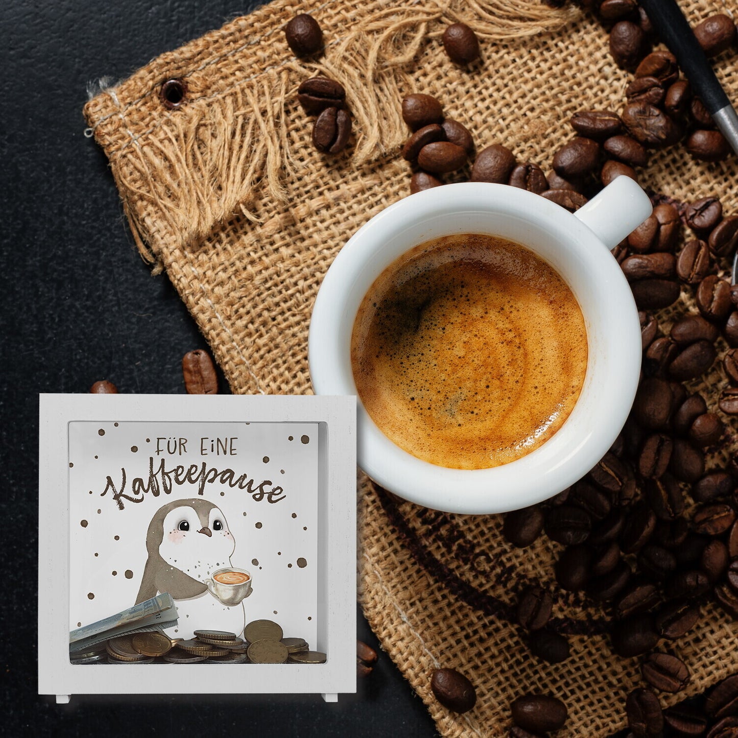 Pinguin mit Cappuccino Rahmen Spardose aus Holz mit Spruch Für eine Kaffeepause