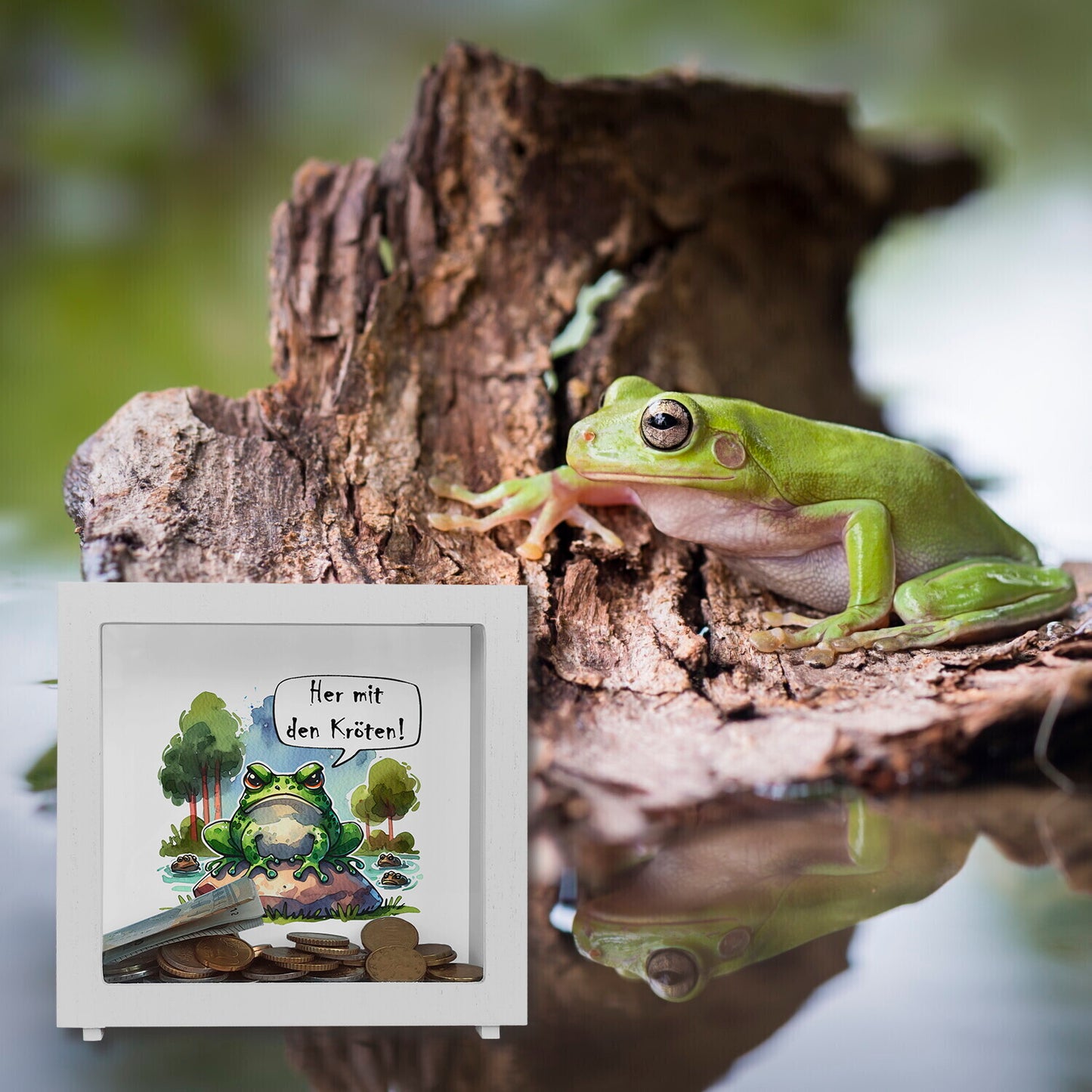 Griesgrämiger Frosch Rahmen Spardose aus Holz mit Spruch Her mit den Kröten!