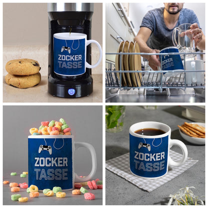 Zocker Kaffeebecher mit Controller Motiv und Spruch: Zocker Tasse