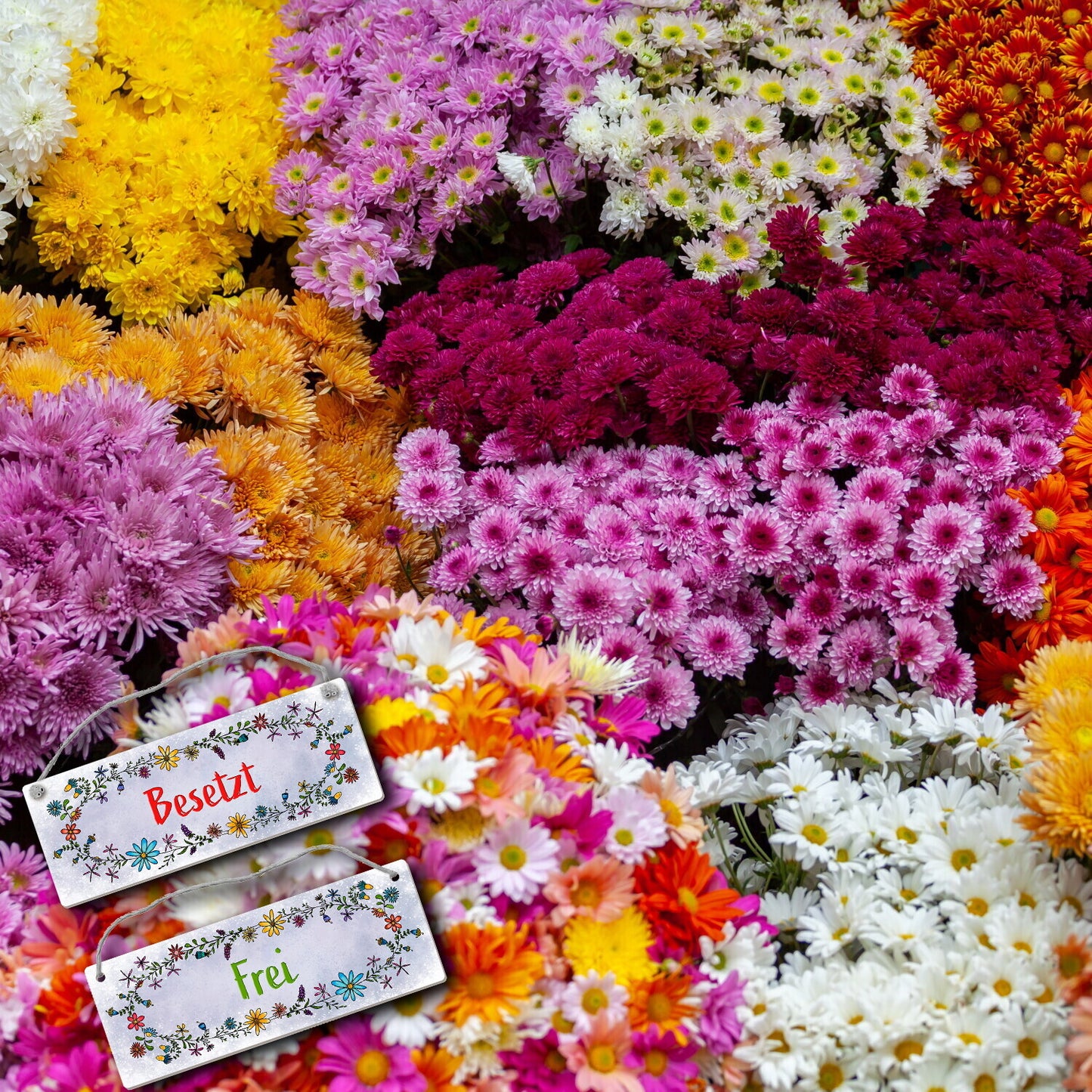 Graues Toilette ist frei oder besetzt Wendeschild mit Blumen Motiv und Kordel