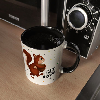 Guten Morgen Kaffeebecher Henkel und Innenseite Schwarz mit Eichhörnchen Motiv