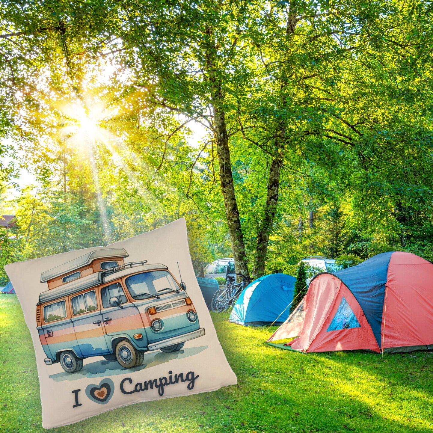 Campervan Kissen mit Leinenoptik mit Spruch I love Camping