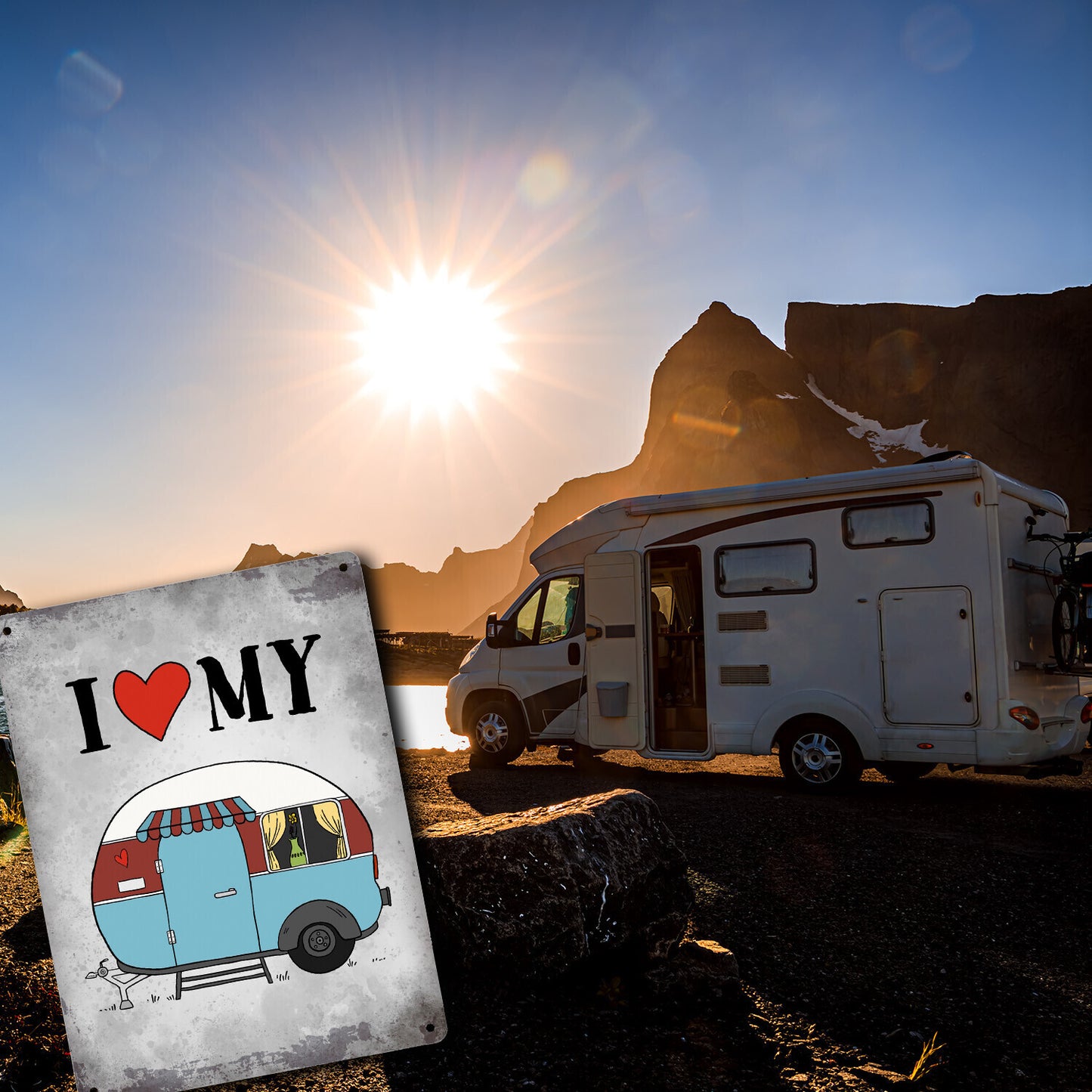 Metallschild XL mit Wohnwagen Motiv und Spruch: I love my Caravan