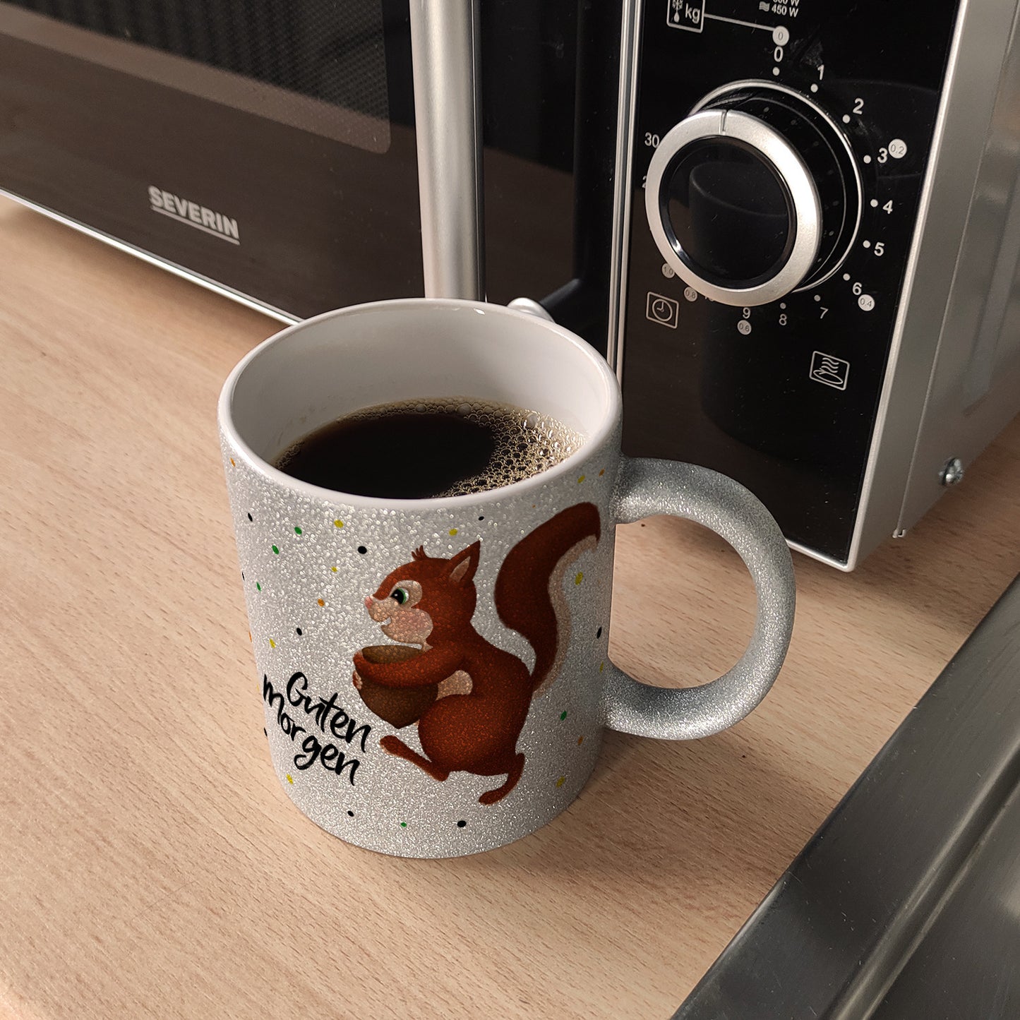 Guten Morgen Glitzer-Glitzer-Kaffeebecher mit Eichhörnchen Motiv