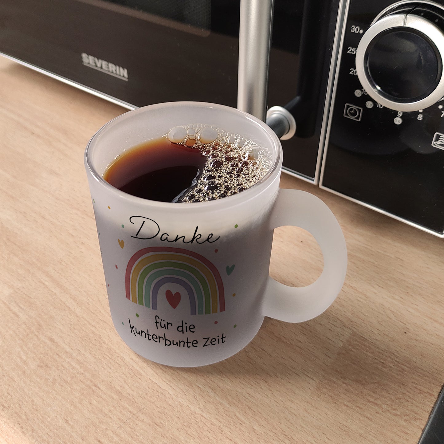 Regenbogen Glas Tasse mit Spruch Danke für die kunterbunte Zeit