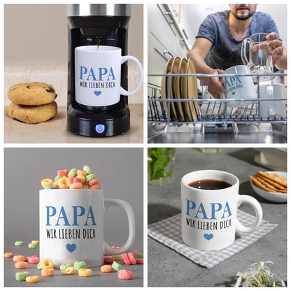 Papa wir lieben dich Kaffeebecher in blau mit Herz