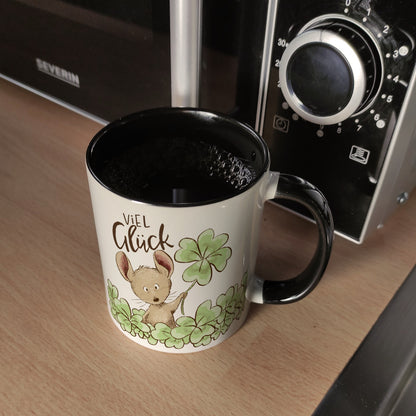 Maus Kaffeebecher in schwarz mit Spruch Viel Glück