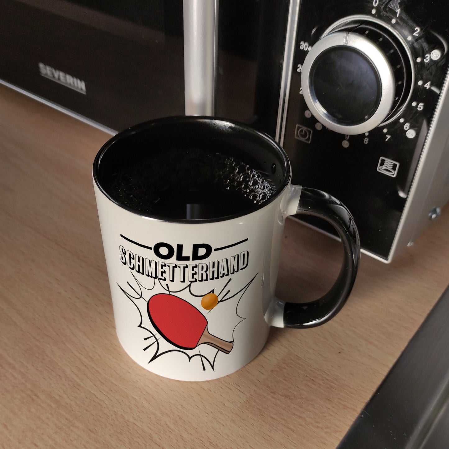 Old Schmetterhand Tischtennis Wortspiel Kaffeebecher Schwarz