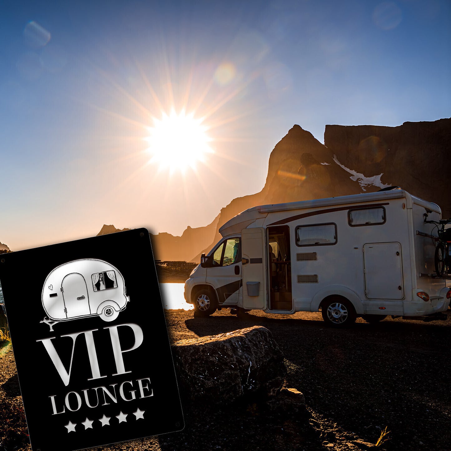 Metallschild XL mit Wohnwagen Motiv und Spruch: VIP-Lounge