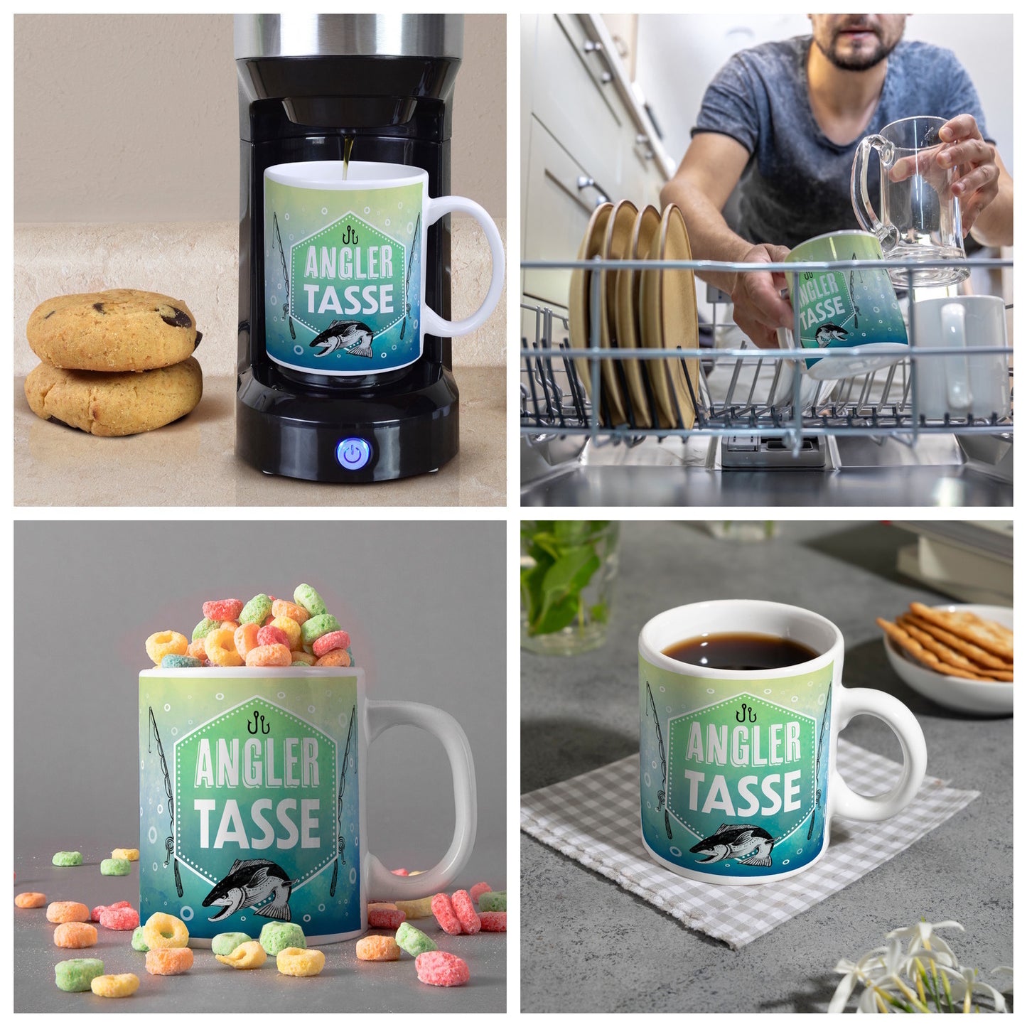 Angler Tasse Kaffeebecher mit Fisch und Angel Motiv