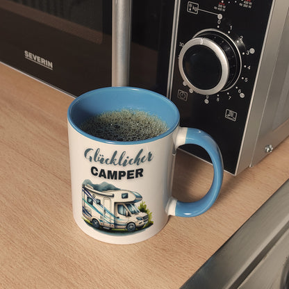 Wohnmobil Kaffeebecher in hellblau mit Spruch Glücklicher Camper