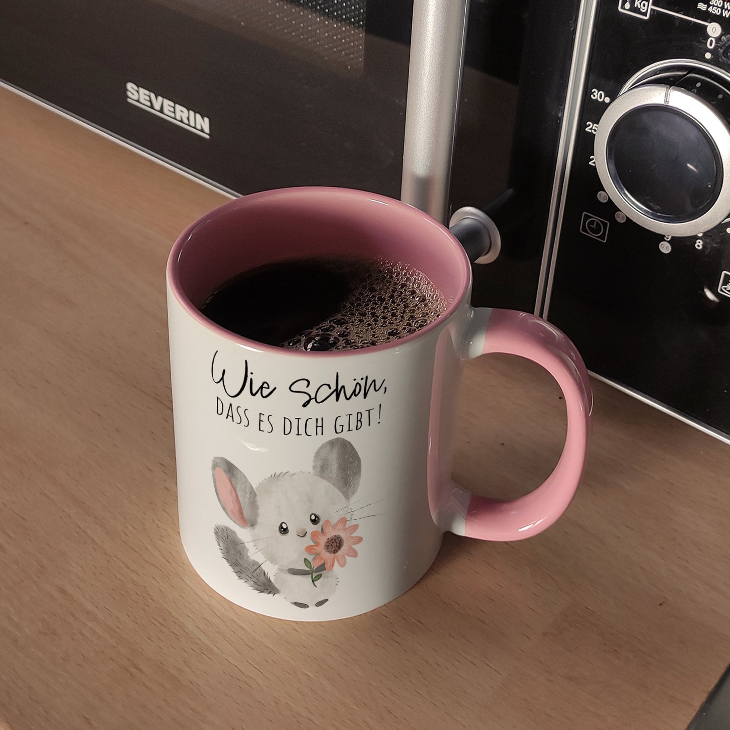 Chinchilla Kaffeebecher in rosa mit Spruch Wie schön dass es dich gibt