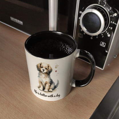 niedlicher Hund Kaffeebecher in schwarz mit Spruch life is better with a dog