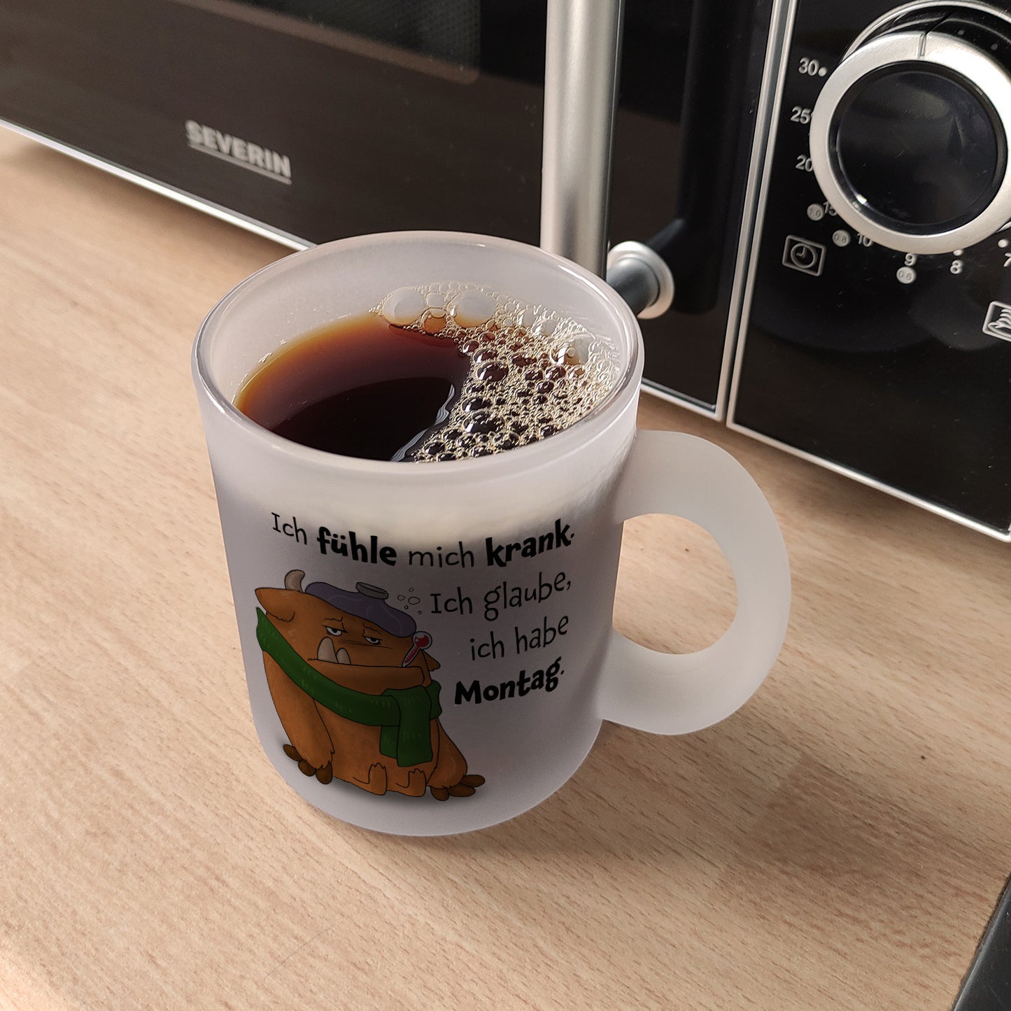 Freches Monster in orange Glas Tasse mit lustigem Spruch