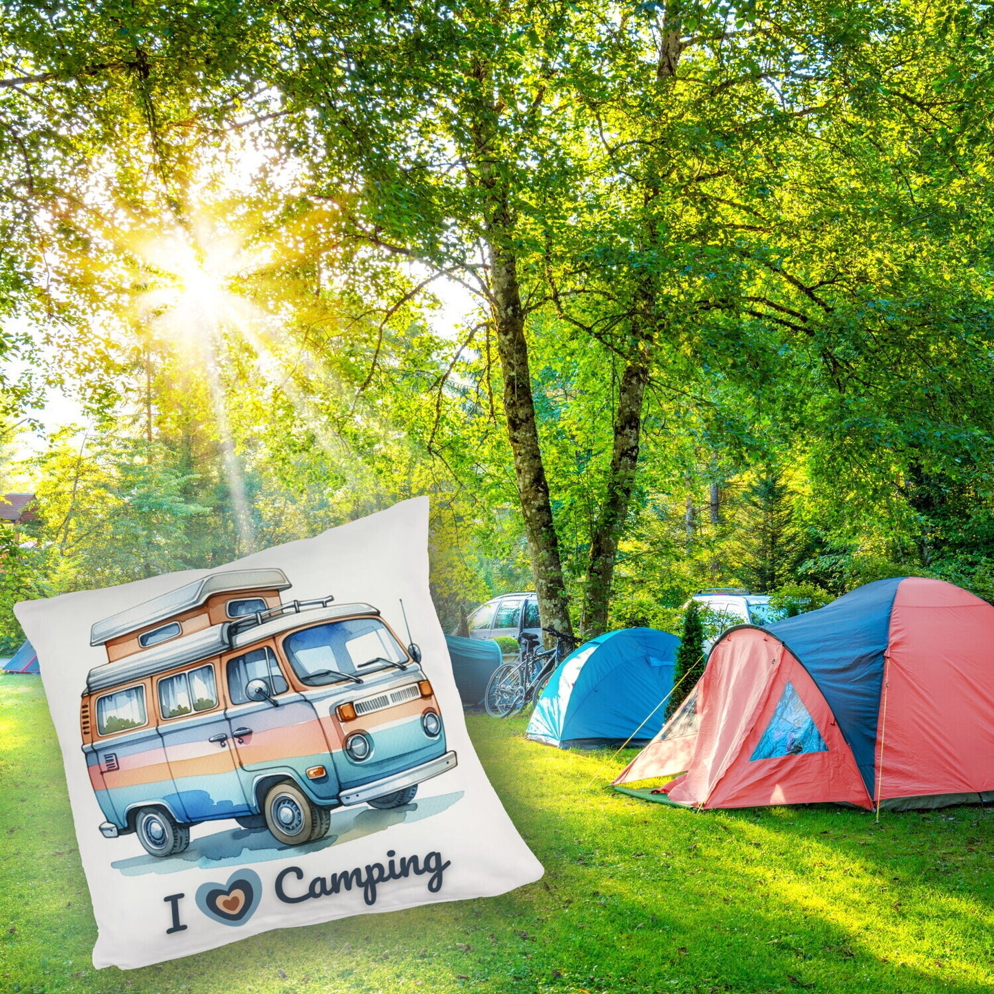 Campervan Kuschelkissen mit Spruch I love Camping