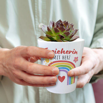 Regenbogen Blumentopf mit Spruch Erzieherin mit Herz