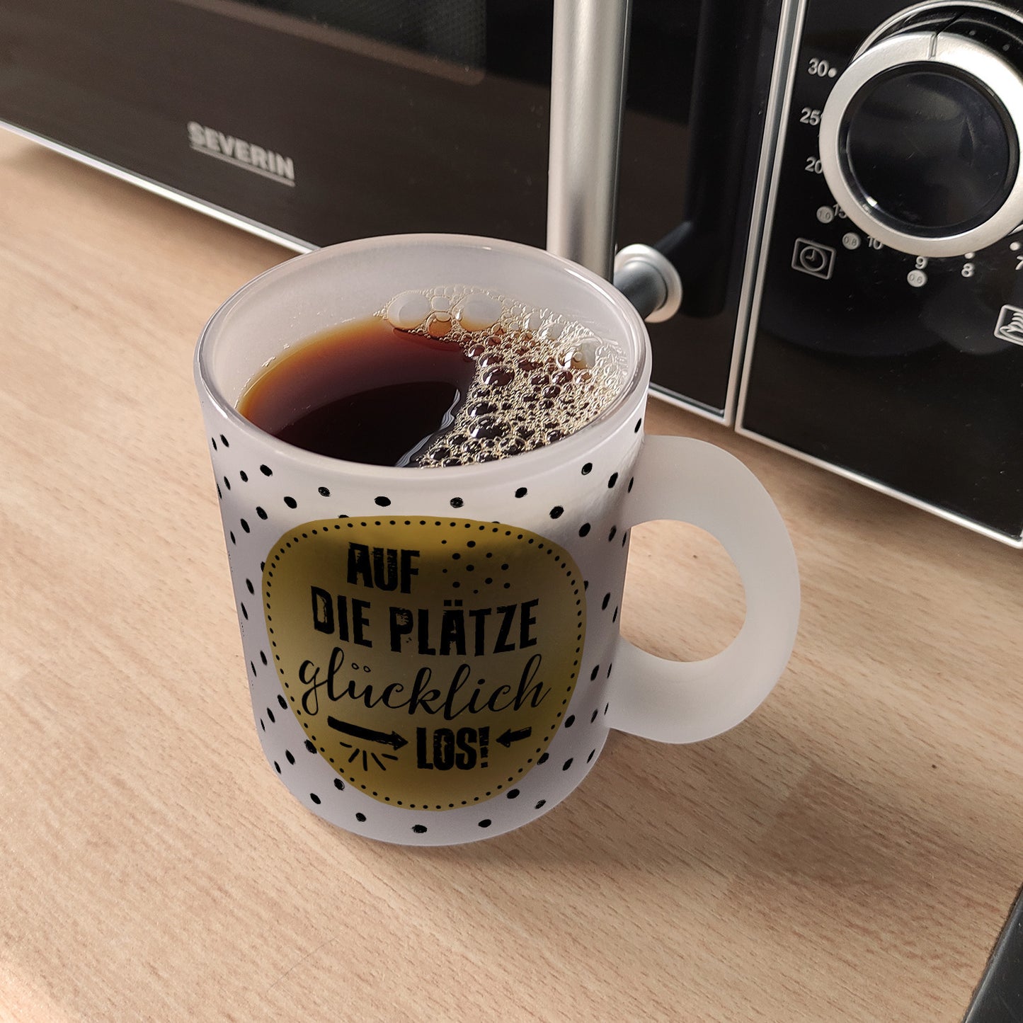 Auf die Plätze, glücklich, los! Glas Tasse mit Glück Motiv