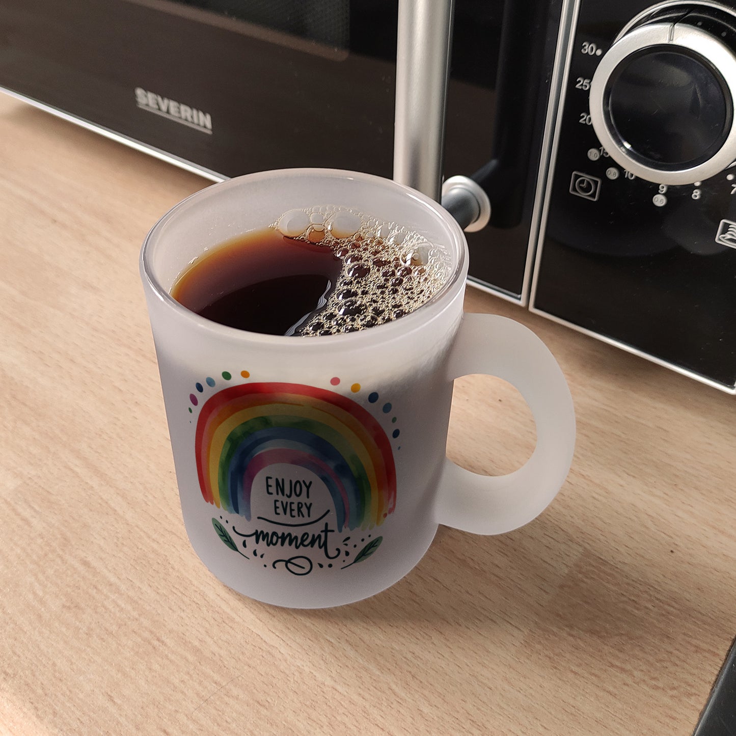 Regenbogen Glas Tasse mit Spruch Enjoy every moment