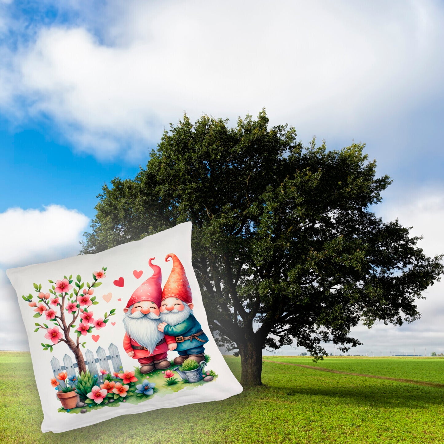 Verliebte Gartenzwerge mit Baum Kuschelkissen