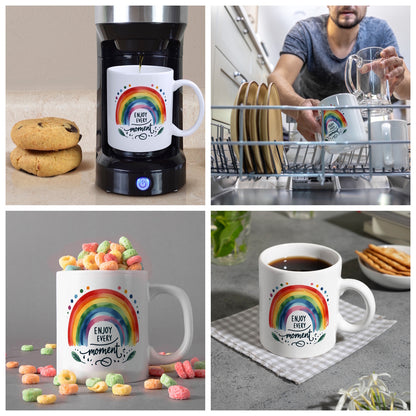 Regenbogen Kaffeebecher mit Spruch Enjoy every moment