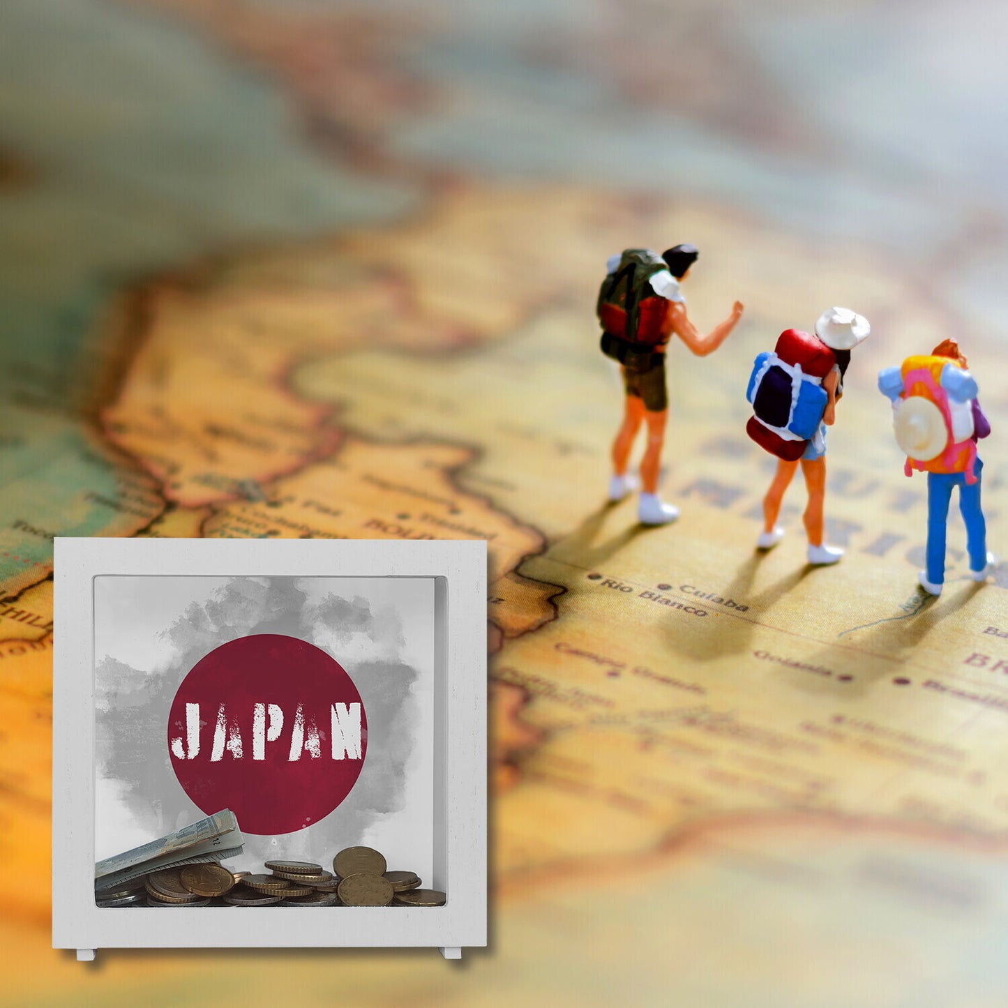 Rahmen Spardose aus Holz mit Japan-Flagge im Used Look - Sparschwein für Urlauber