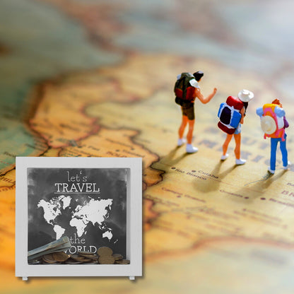 Rahmen Spardose aus Holz mit Weltkarten Motiv und Text - let's travel the world in Schwarz