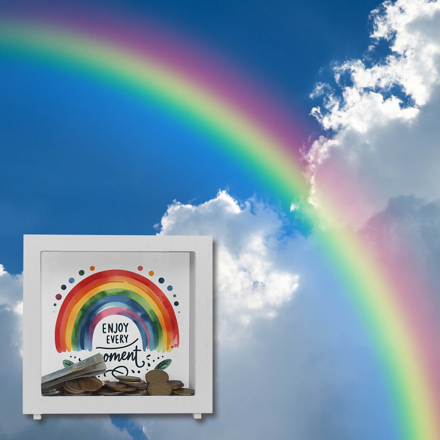 Regenbogen Rahmen Spardose aus Holz mit Spruch Enjoy every moment