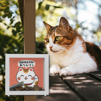 Winkekatze Rahmen Spardose aus Holz mit Spruch Arigato