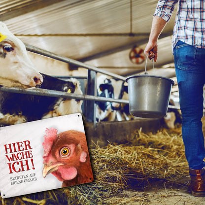 Metallschild XL mit Huhn Motiv und Spruch: Betreten auf eigene Gefahr ...