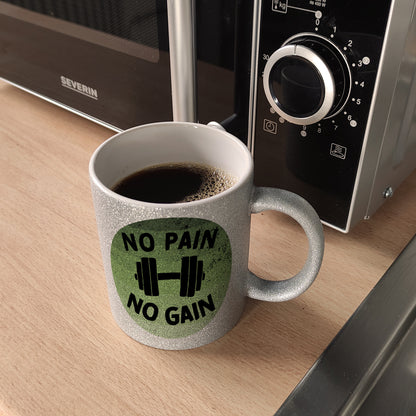 No pain no gain Fitness Glitzer-Kaffeebecher mit Hantel