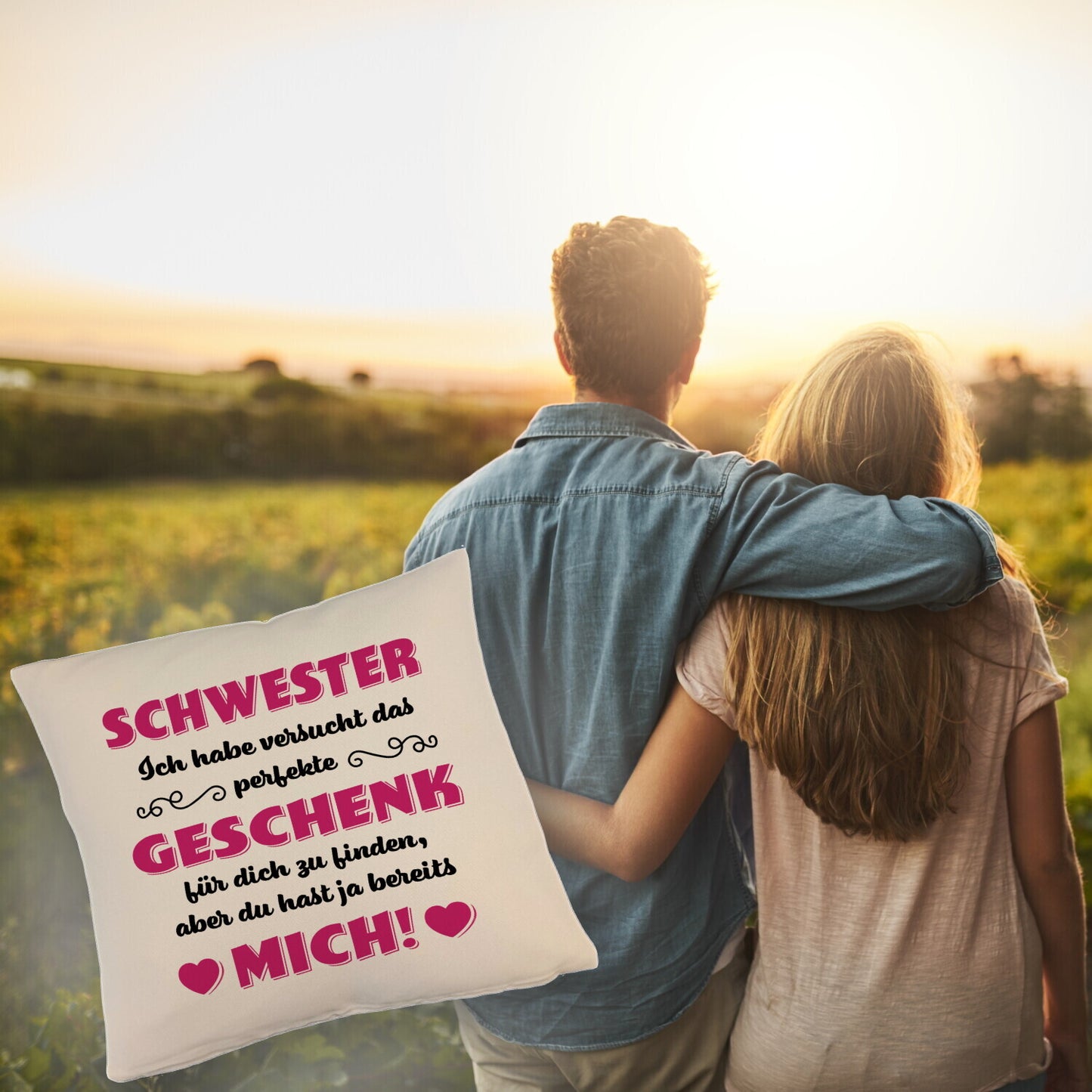 Kissen mit Leinenoptik mit Spruch Schwester ich habe versucht das beste Geschenk zu finden