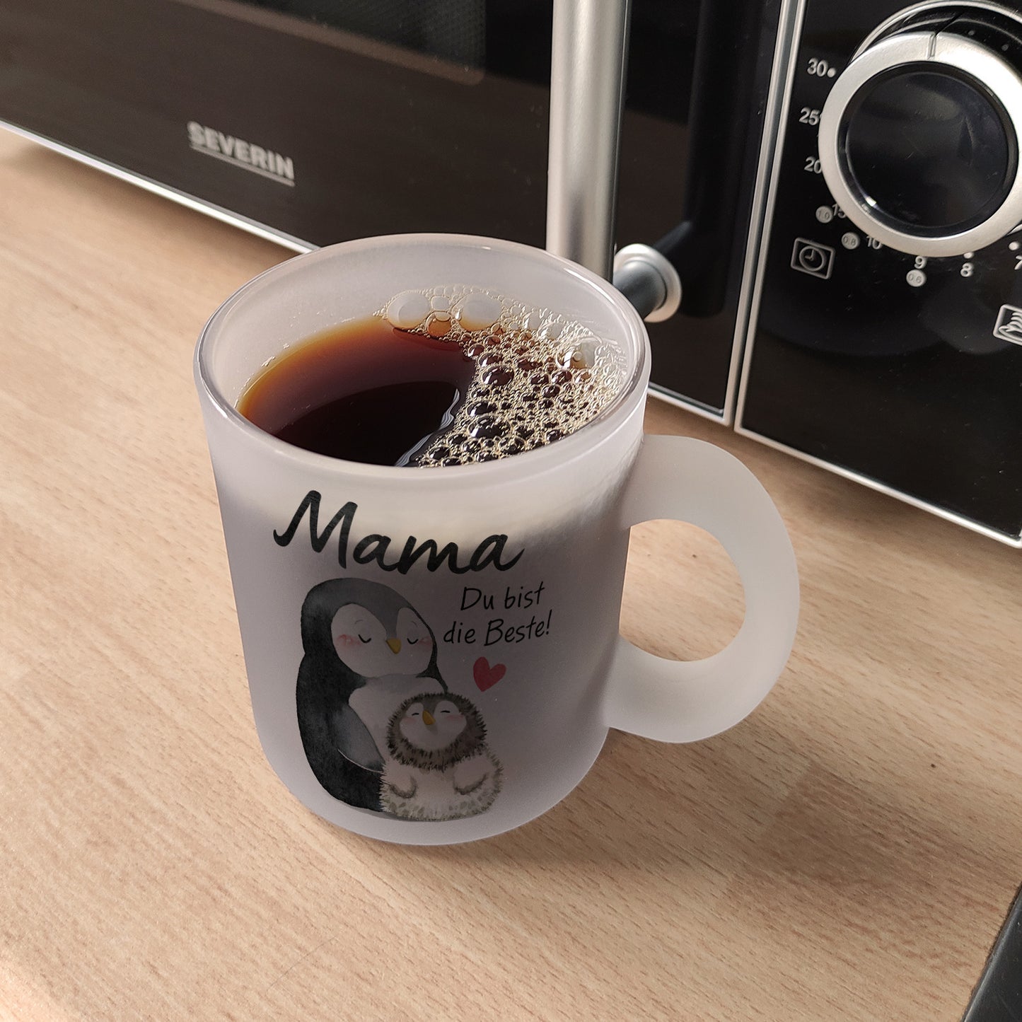 Pinguin Mutter und Kind Glas Tasse mit Spruch Mama du bist die Beste