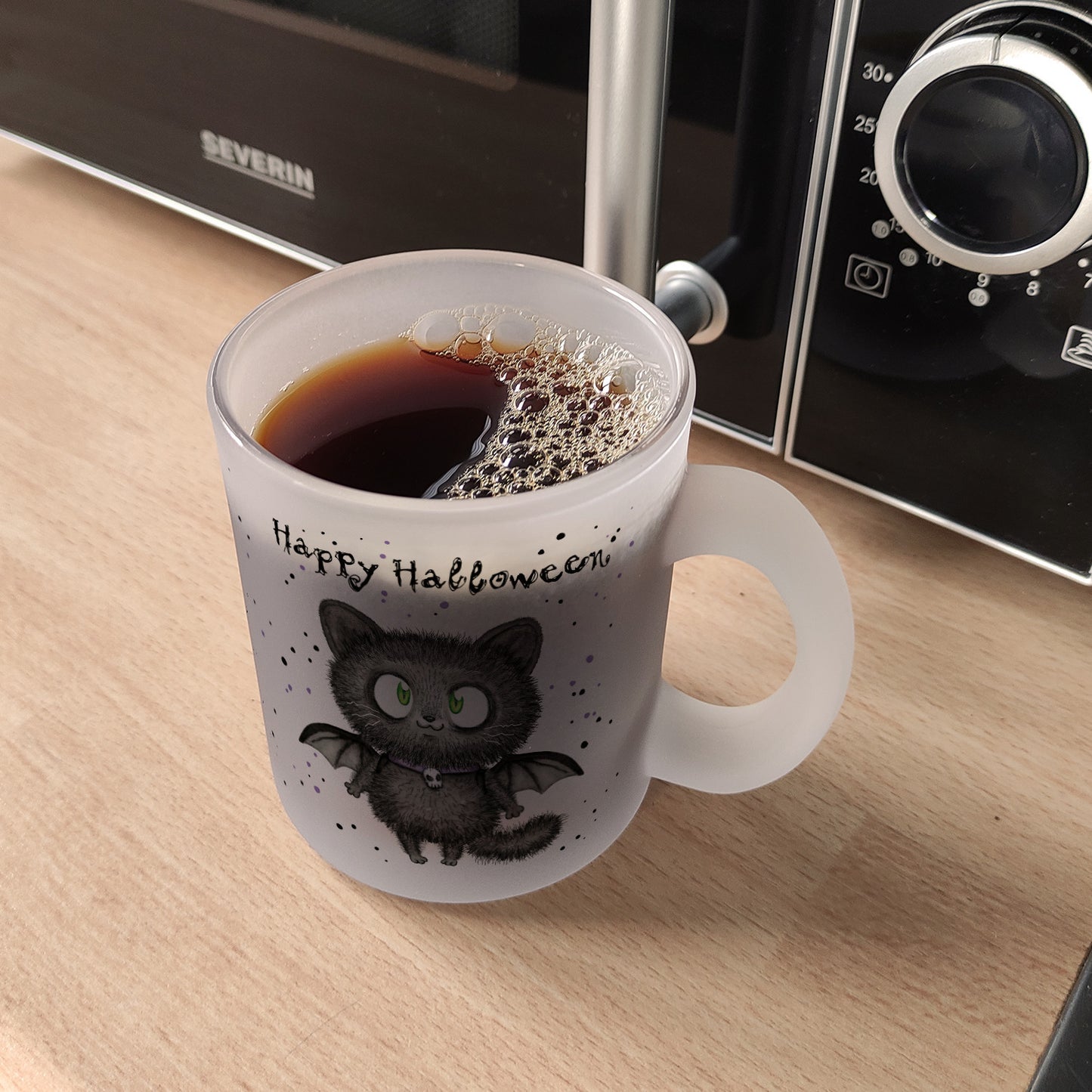 Happy Halloween Glas Tasse mit schwarzer Fledermaus-Katze