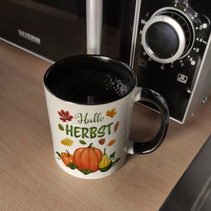 Hallo Herbst Kaffeebecher Schwarz mit hübschen Kürbissen