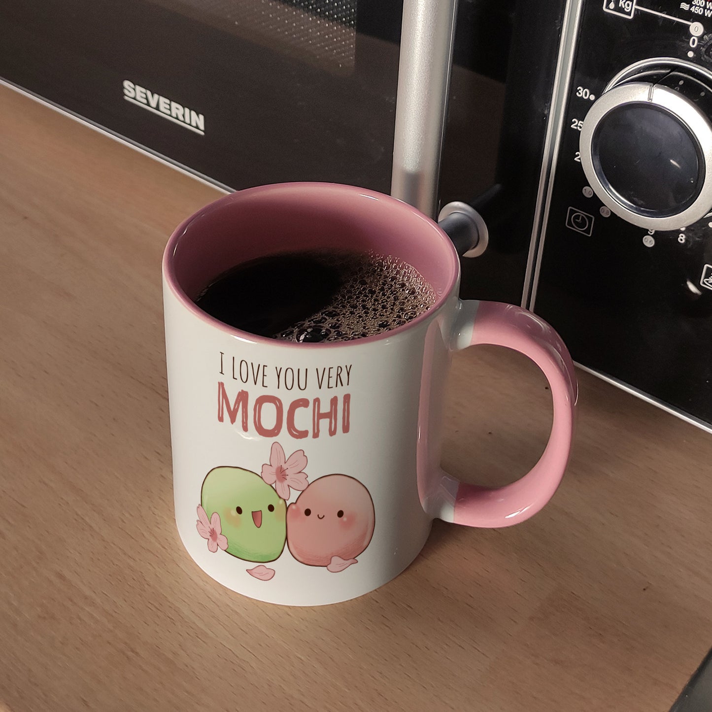 Mochi Paar Kaffeebecher in rosa mit Spruch I love you very Mochi