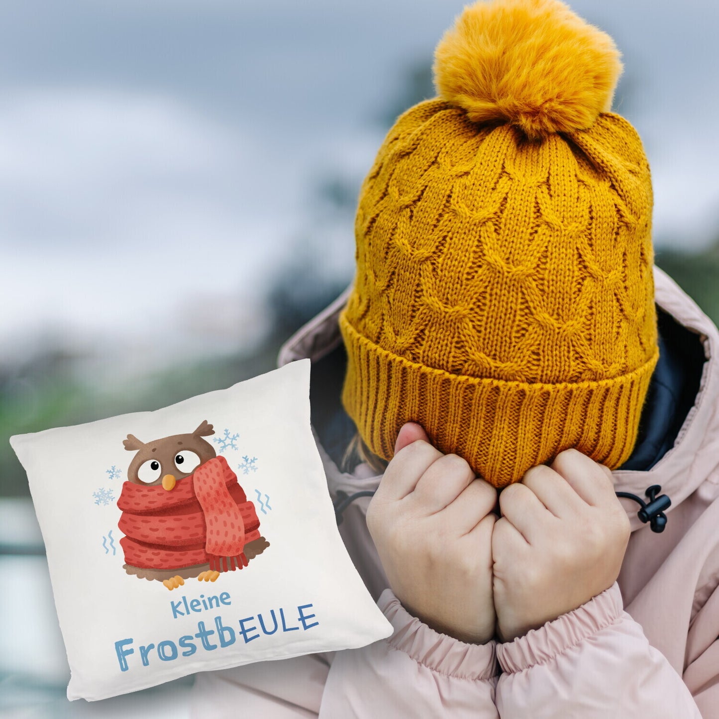 Kleine Frostbeule Kuschelkissen mit Spruch niedlicher Eule